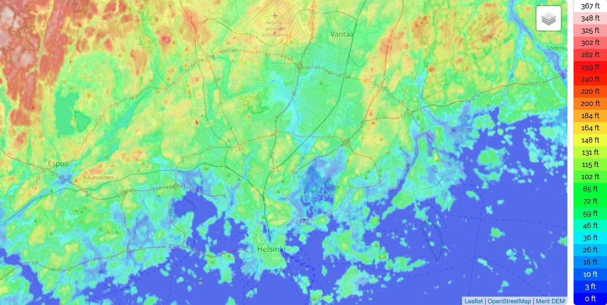 ヘルシンキの標高マップ