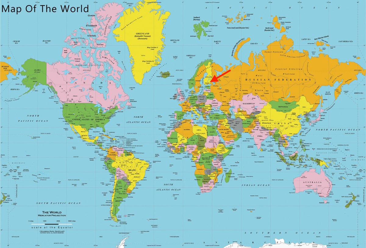 世界地図上のヘルシンキの位置
